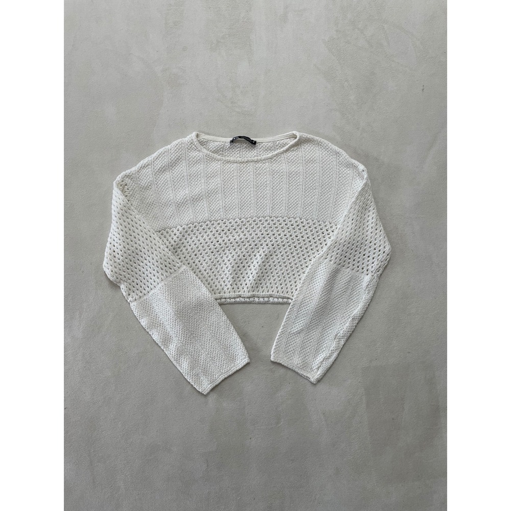 Zara Women White Open Knit Cropped Sweater Mixed Stitch Long Sleeve Size S